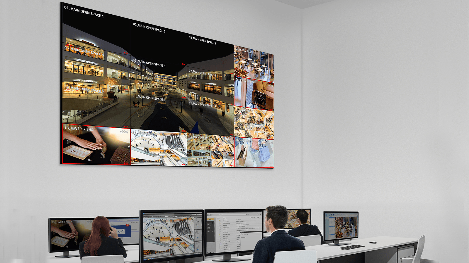 Video wall 55VL5PJ-A montado em matriz, exibindo conteúdo contínuo